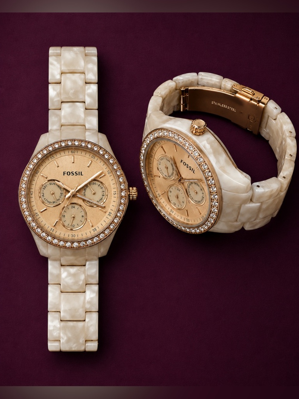 Fossil Pearlized Bracelet Watch | Rose Gold Tone Crystal Bezel